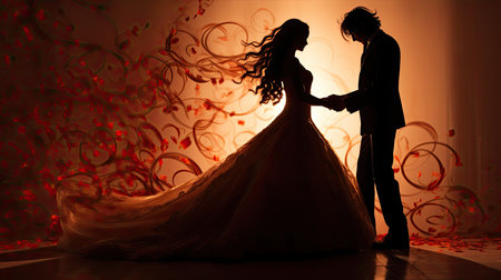 Wedding couple dancing in a room full of flowers and leavesの素材