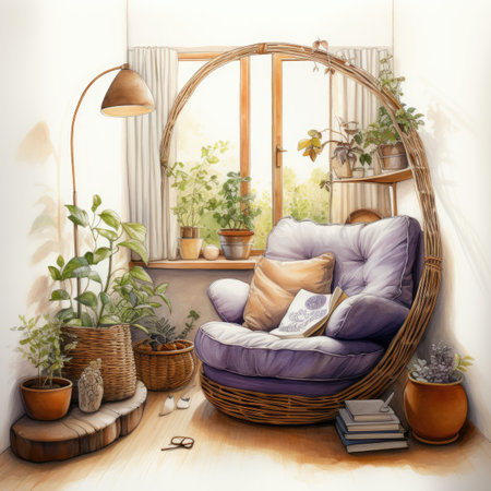 Interior design of living room with wicker armchair, coffee table, books, potted plants and window.の素材