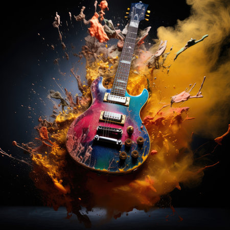 Guitar with flames and smoke on black background. Music conceptの素材