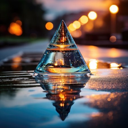 Transparent glass pyramid with reflection on a city street at sunset.の素材