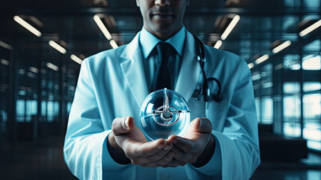 Close up of doctor holding in palm virtual hologram.の素材