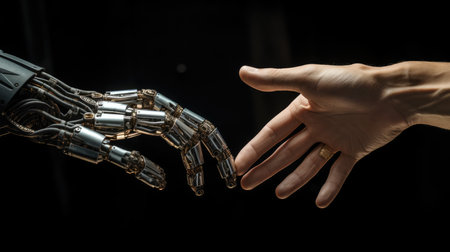 Close up view of robot hand touching human finger isolated on black backgroundの素材