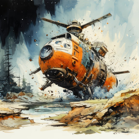 Watercolor old military transport helicopter in the wild.の素材