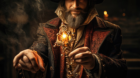 Close-up portrait of a man with a beard in a medieval costume holding a burning candleの素材