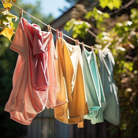 Colorful clothes hanging on a clothesline in the garden in summerの素材