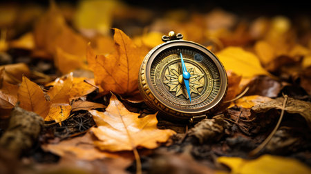 Compass on autumn leaves background, shallow depth of field with copy spaceの素材
