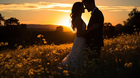 Beautiful bride and groom at sunset in a field with yellow flowersの素材