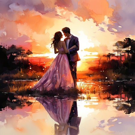 Wedding couple in love on the lake at sunset.の素材