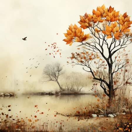 Beautiful autumn landscape with lake, tree and birds.の素材