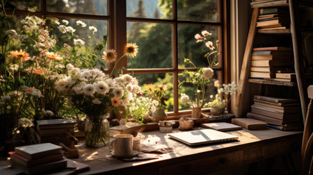 A flower bouquet on the window sill with books and a cup of coffeeの素材