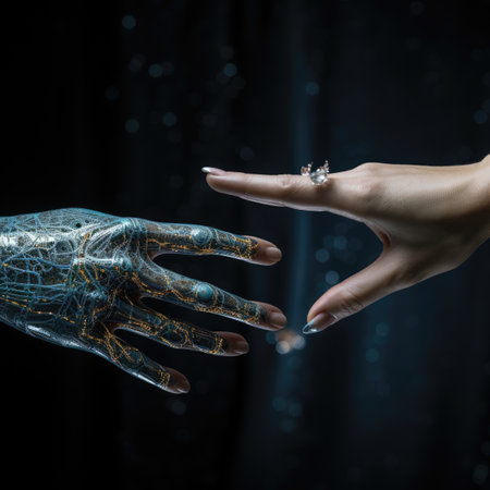 Close up of human and robot hands touching each other on dark backgroundの素材