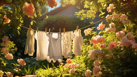 Laundry hanging on a clothesline with flowers in the backgroundの素材