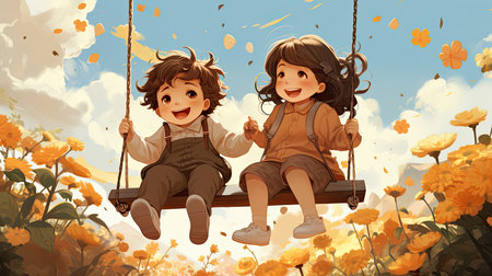 Two children swinging on a swing in a field of yellow flowers.の素材
