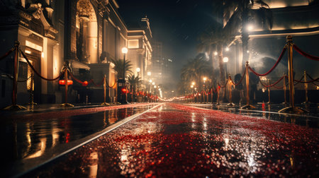 Traffic in the night with red carpet on the street. Selective focusの素材