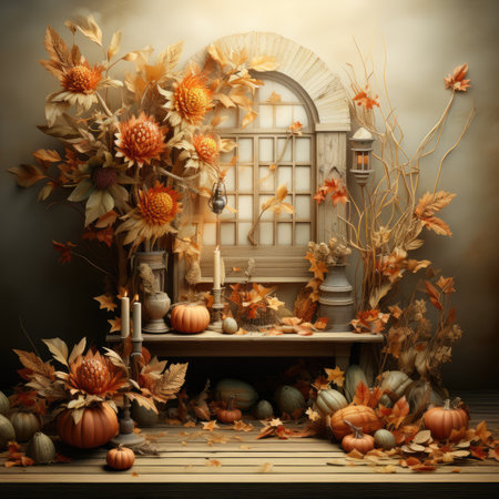 beautiful autumn still life with pumpkins and dry flowers on wooden tableの素材