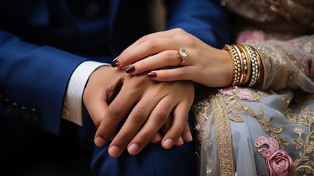 Close up of bride and groom's hands with rings on wedding dayの素材