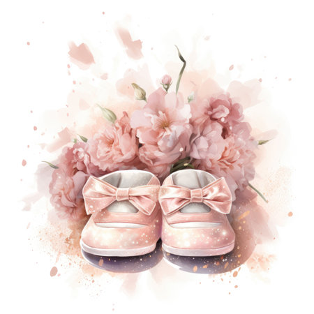Watercolor illustration of a pair of baby shoes with pink flowers.の素材