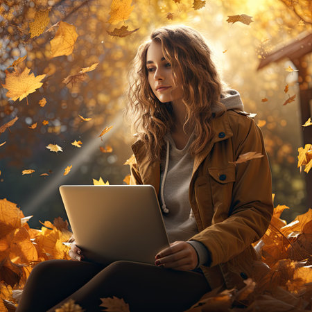 Beautiful young woman with laptop in the autumn park. Autumn concept.の素材