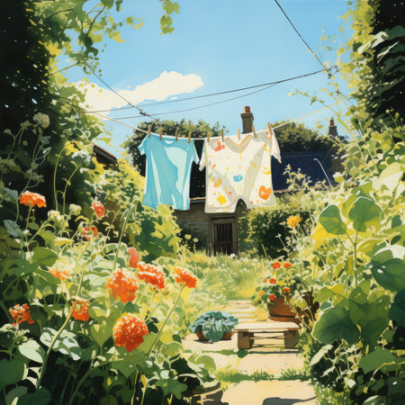 Colorful summer landscape with flowers and clothes hanging on the clotheslineの素材