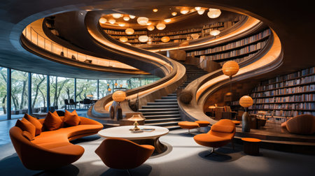 Interior of a modern library with orange armchairs and round tablesの素材