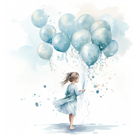 Watercolor Beautiful young woman in blue dress with balloons.の素材
