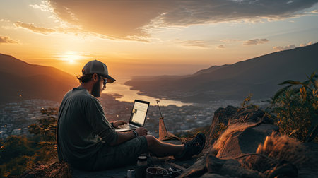 Man using laptop on the top of mountain with beautiful sunrise in backgroundの素材