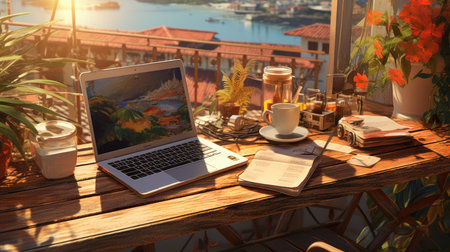 Laptop and coffee cup on wooden table in coffee shop. Work from home concept.の素材