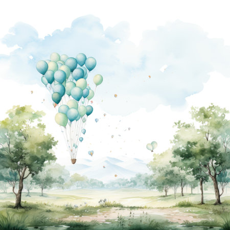 Watercolor colorful balloons fly in the sky over the forest.の素材