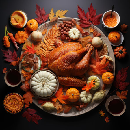 Thanksgiving dinner with roasted turkey, pumpkins and autumn leaves on dark backgroundの素材