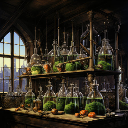 Vintage laboratory with glassware and plants,の素材