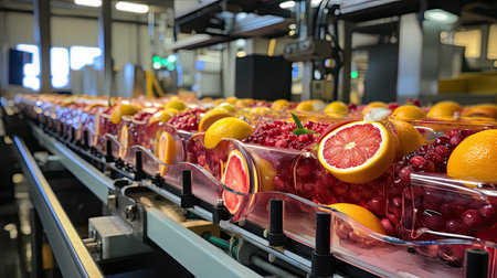 Fruit juice production line in a modern factory. Orange, cranberry, grapefruitの素材