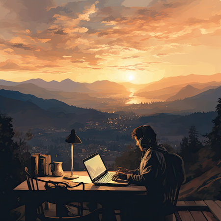 Woman sitting at the table with laptop in the mountains at sunset.の素材