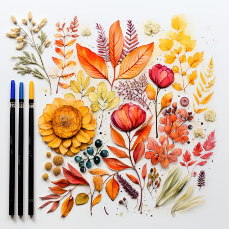 Autumn composition. Colorful autumn leaves, flowers, berries and pencils on white backgroundの素材
