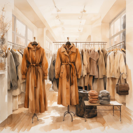 Watercolor Women's coats in a fashion store.の素材