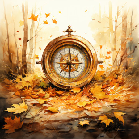 Compass in the autumn forest. Watercolor painting.の素材
