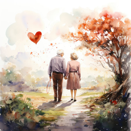 Watercolor elderly couple walking in the park.の素材