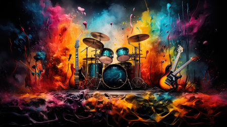 Musical instruments on fire background with guitar and drum kit. Music conceptの素材