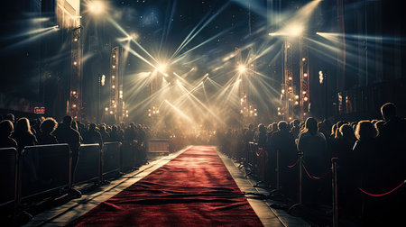 Red carpet and crowd of people at a concert in the night clubの素材