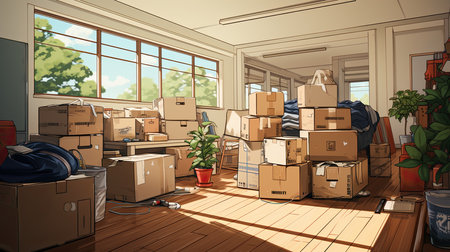 Moving boxes in the living room.の素材
