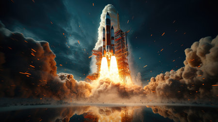 Space rocket taking off into spaceの素材