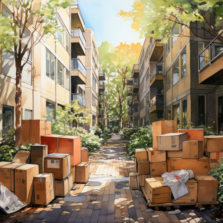 Street with a lot of cardboard boxes in the city.の素材