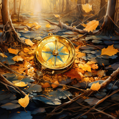 Compass on the background of the autumn forest.の素材