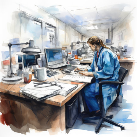 Watercolor female doctor working at the desk in a hospitalの素材