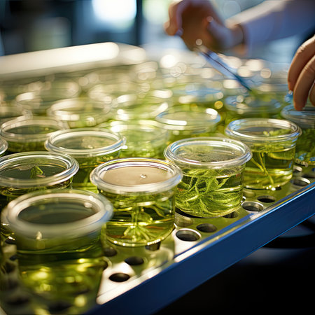 Laboratory glassware with green liquid in the hands of a female researcherの素材