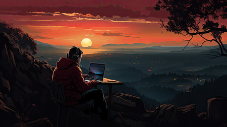 Young woman sitting on a cliff and working on a laptop at sunsetの素材
