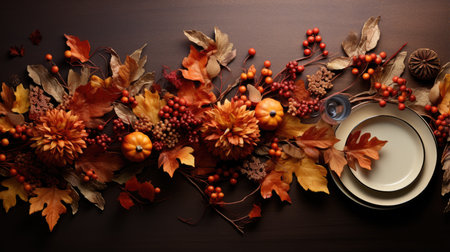 Autumn composition with pumpkins, leaves and berries on wooden backgroundの素材