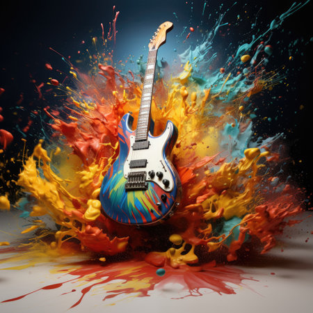 Colorful electric guitar with splashes of paint on a dark backgroundの素材