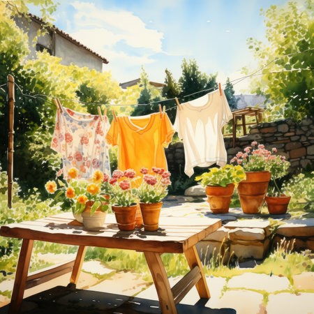 Laundry drying on clothesline in the garden.の素材