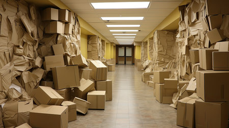 Large warehouse with lots of cardboard boxes.の素材