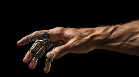 Man's hand with a prosthetic arm on a black background.の素材